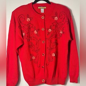 Bryn Connelly vintage sweater flower beaded/ gold buttons red jeweled cardigan